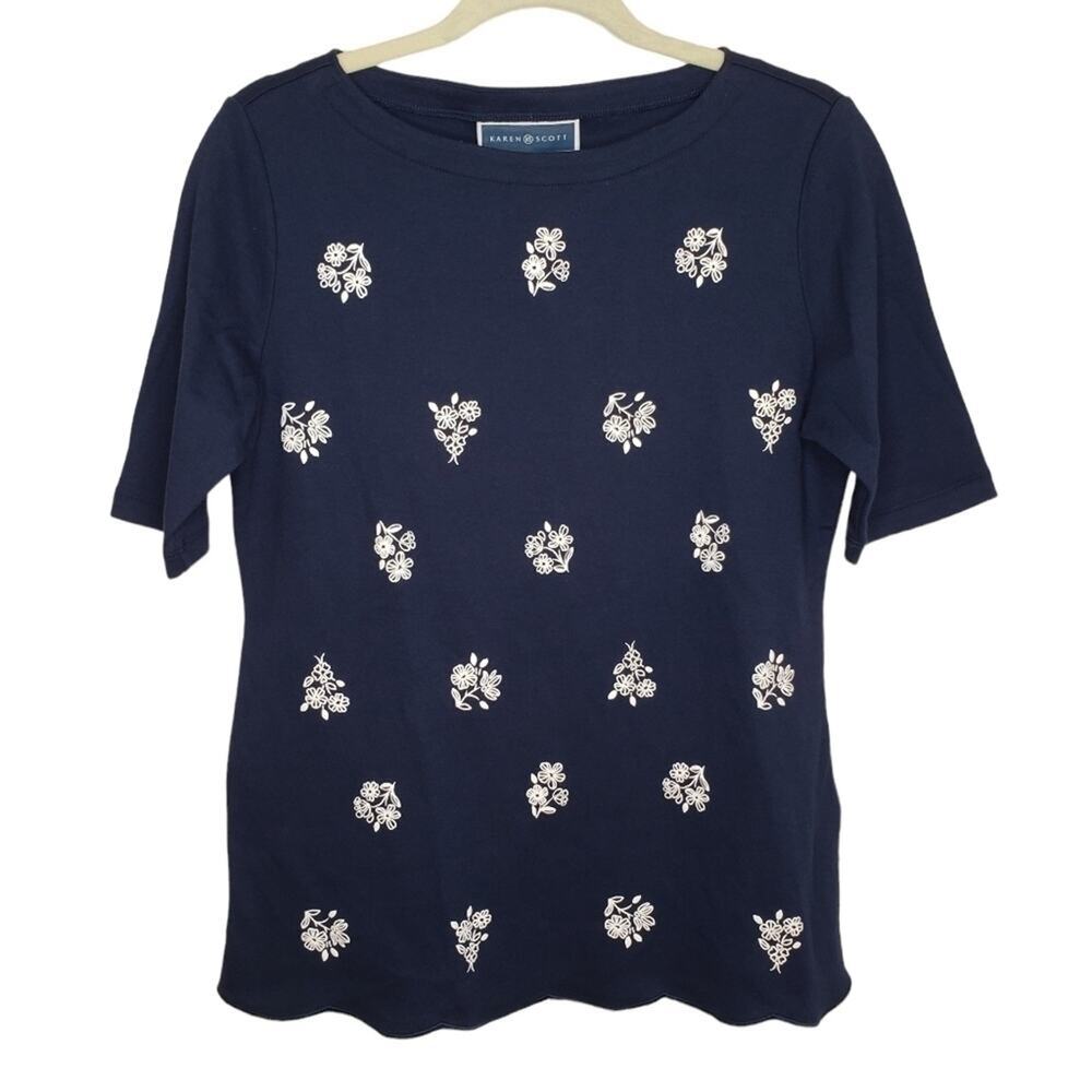 Karen Scott Printed Scalloped Cotton Flowered Top Small